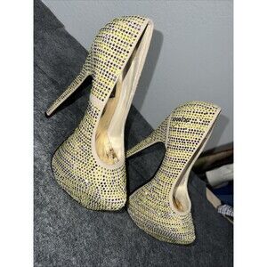 Machi Estina Rhinestine Stilettos Platform Heels Yellow Silver Party Sz 7